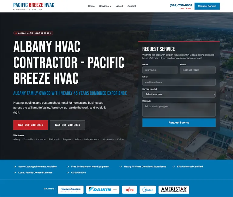 Pacific Breeze HVAC website in Albany, Oregon, built by Deep River Digital