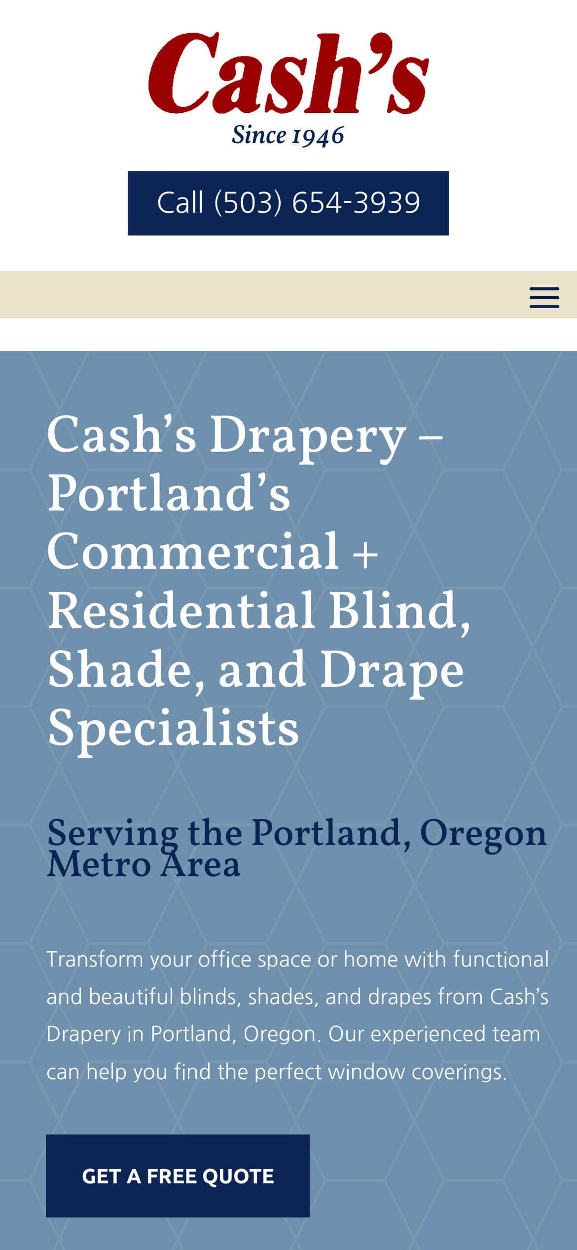 Cash’s Drapery mobile homepage