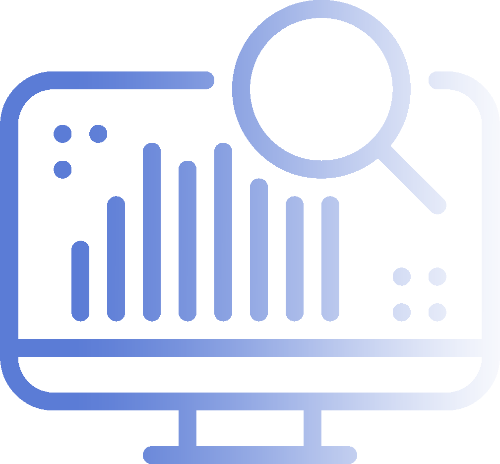 Online marketing icon featuring line drawing of computer screen with graphs and a magnifying glass.