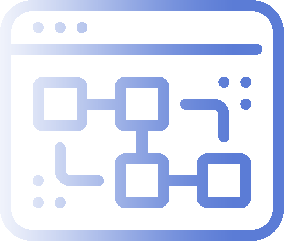 Website automation icon featuresing line drawing of interconnected boxes.