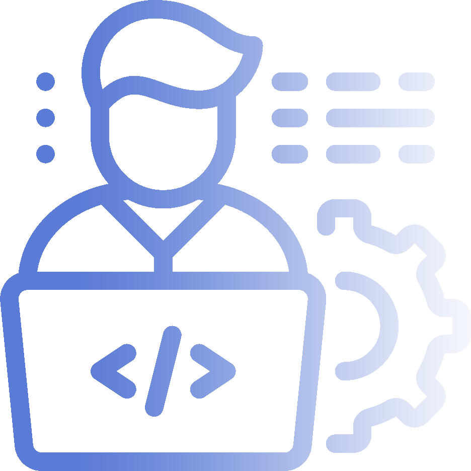 Website maintenance icon featuring man a laptop with cogs and code around him.